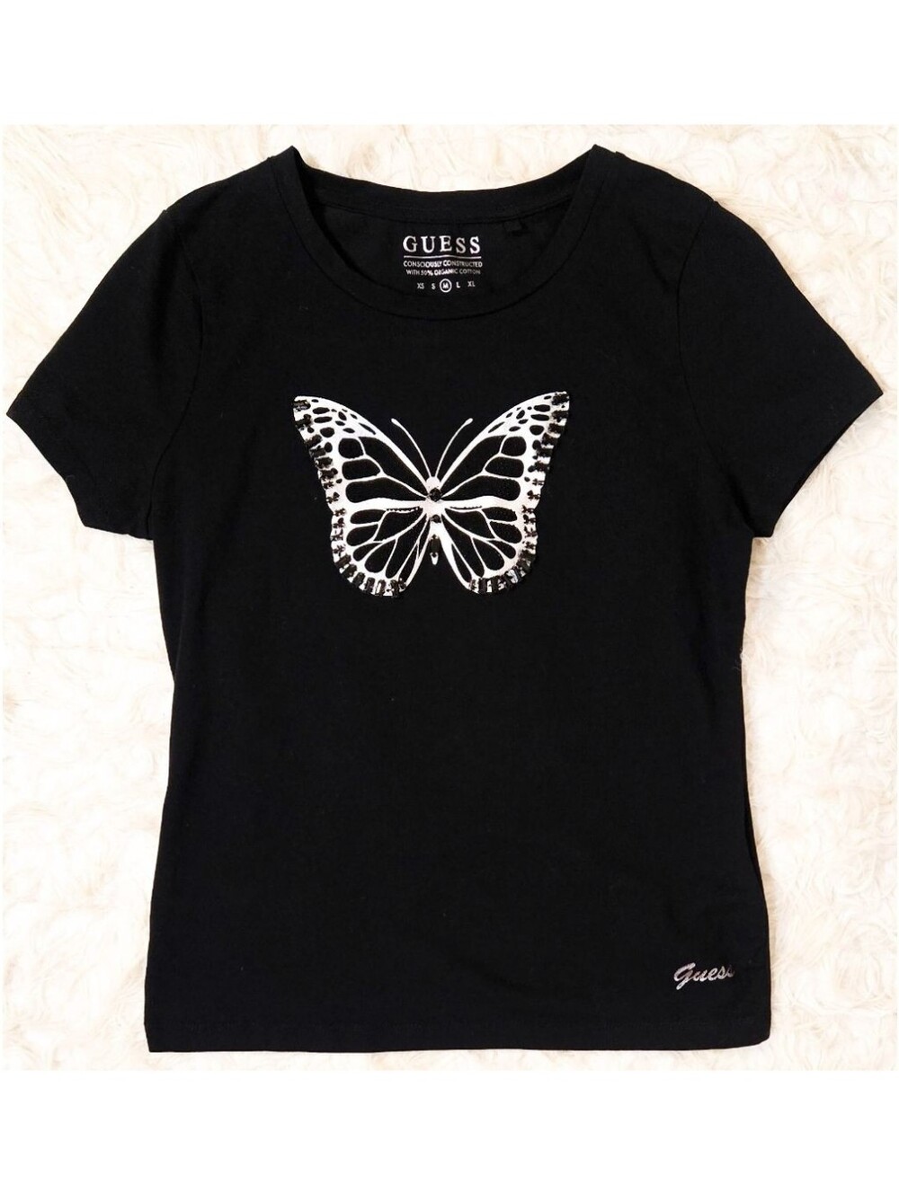 Vintage Y2K Guess Graphic Baby Tee T Shirt Black Butterfly Embellished Jewel